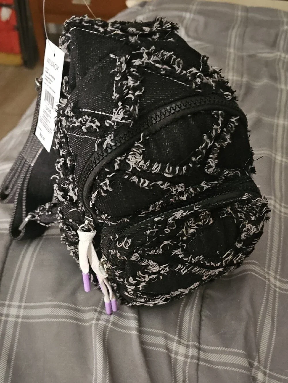 Wildfox Black & White Tweed Crossbody Bag with Lavender Zipper Pulls